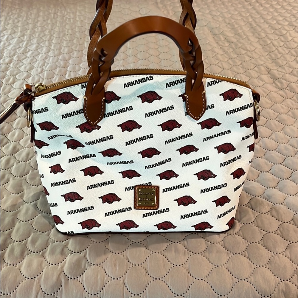 Dooney & Bourke White and Red & Brown Arkansas Razorback Satchel